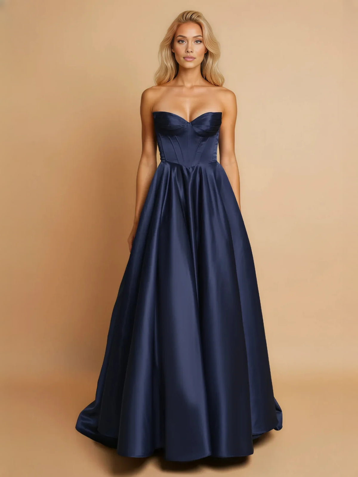 Dark Navy maxi prom dress, alternate view showing the bodice and skirt