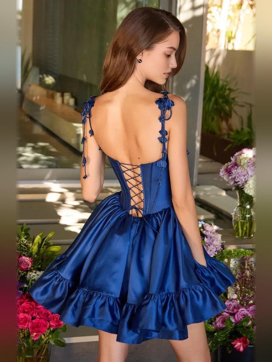 Royal Blue short homecoming dress, back view showing the rear of the dress