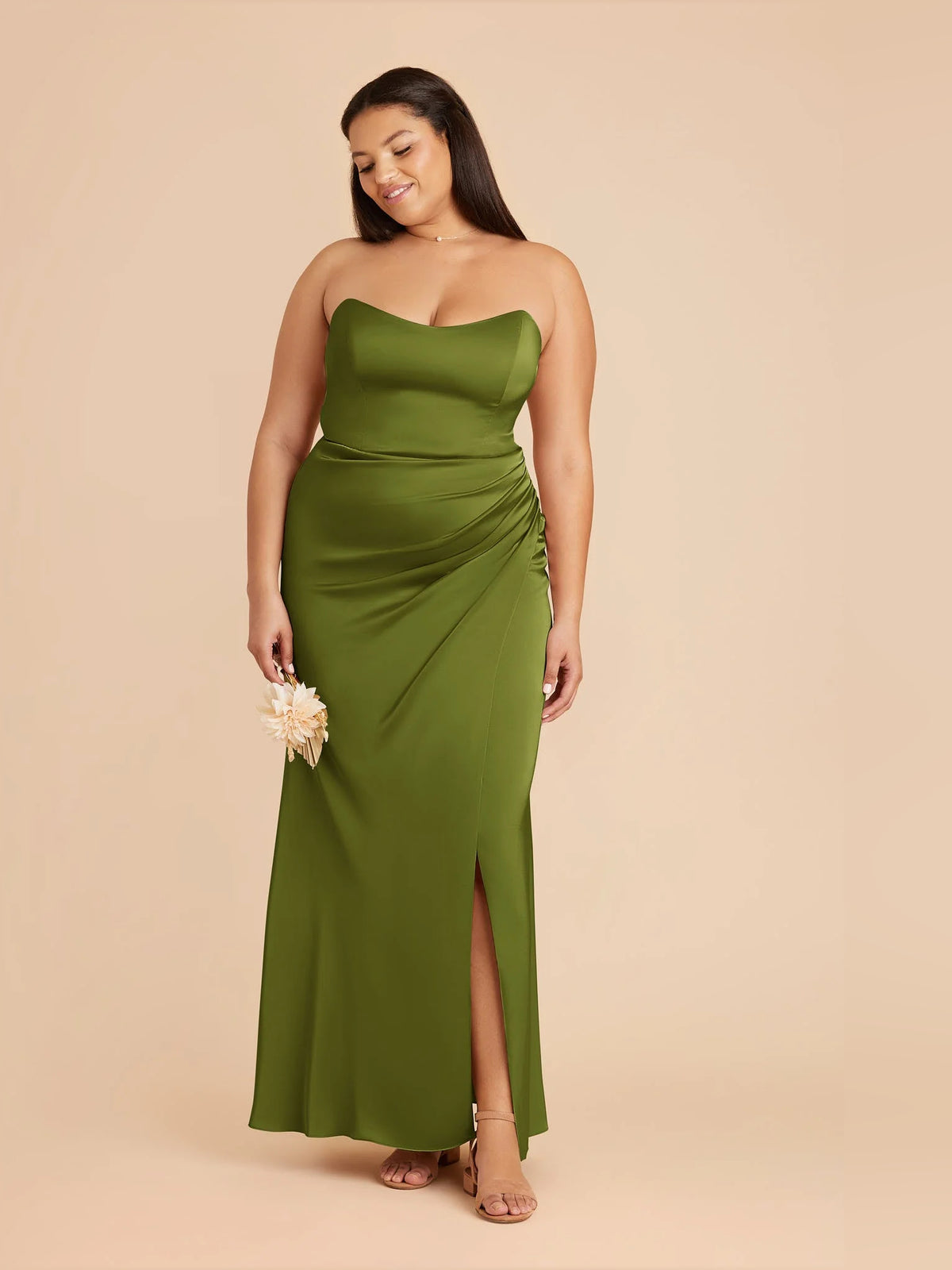 Olive Green maxi bridesmaid dress, alternate view showing the bodice and skirt