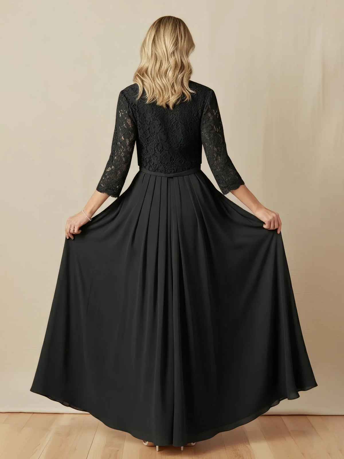 Black floor-length mother of the bride dress, alternate view showing the bodice and skirt