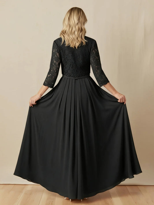 Black floor-length mother of the bride dress, alternate view showing the bodice and skirt
