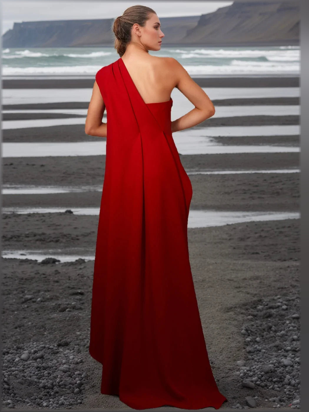 Red a-line floor-length formal dress with draping, alternate view