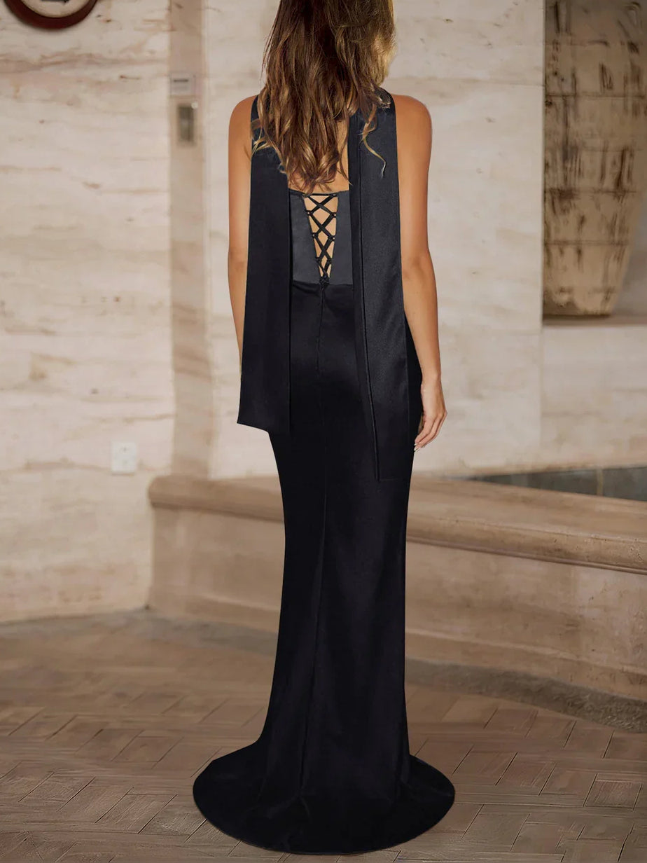 Black floor-length prom dress, alternate view showing the bodice and skirt