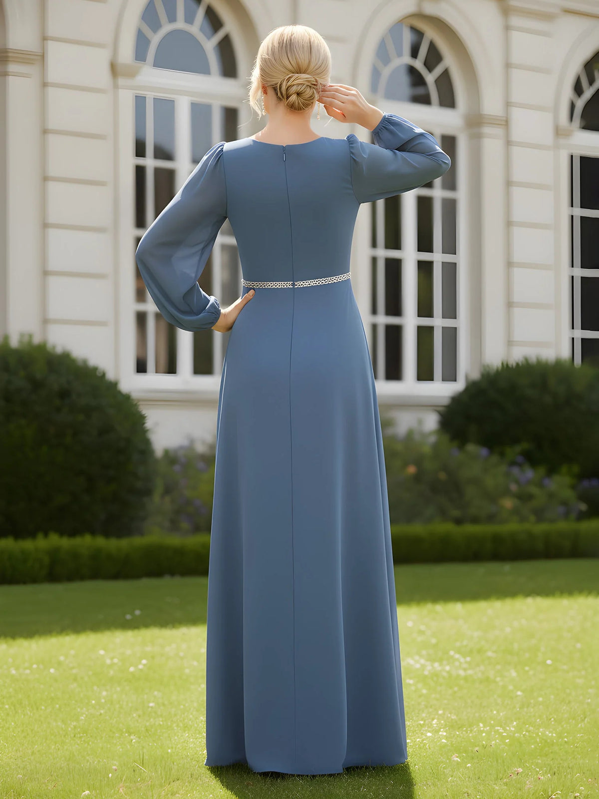 Slate Blue floor-length mother of the bride dress, alternate view showing the bodice and skirt