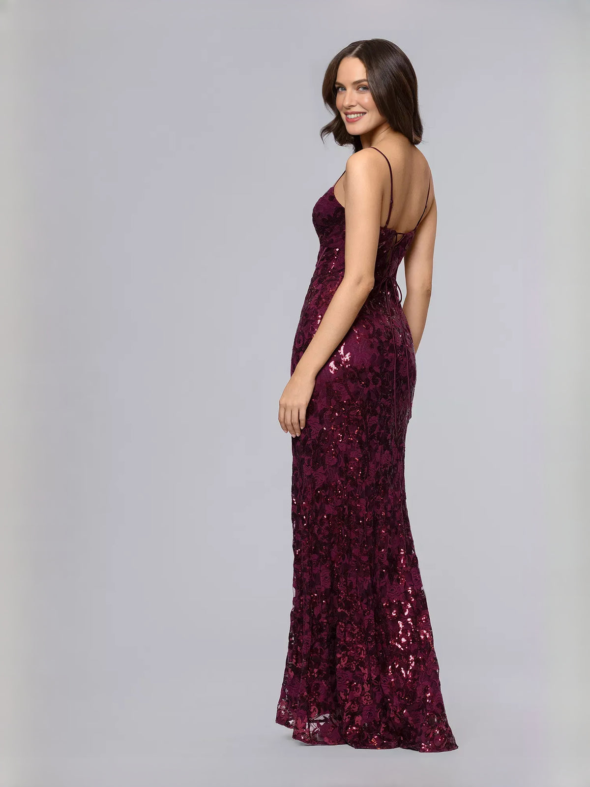 Wine mermaid floor-length formal dress with sequins, alternate view