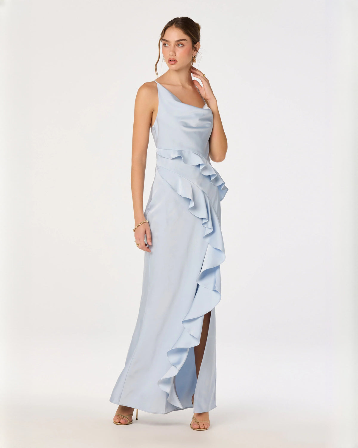 sleeveless structured satin a-line maxi bridesmaid dress - image 2