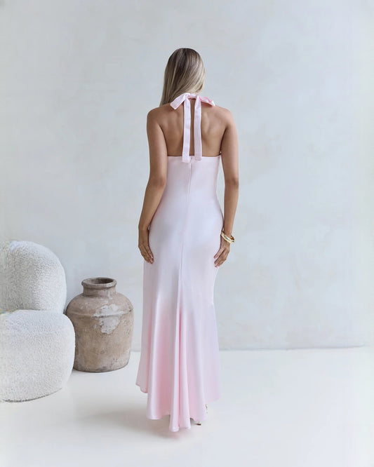 halter neck satin a-line maxi bridesmaid dress - image 2