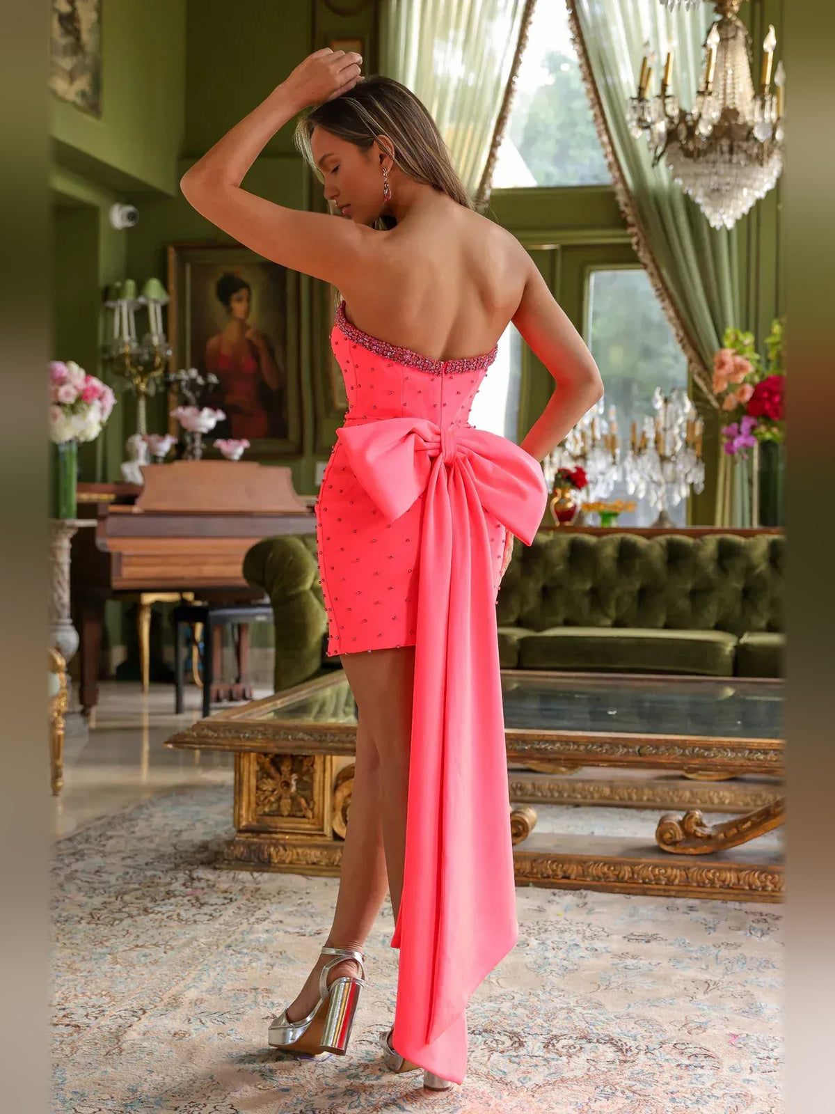 Bright Coral short homecoming dress, back view showing the rear of the dress