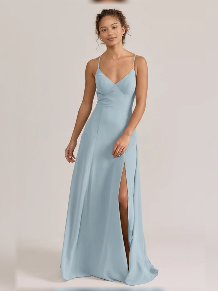 Slate Blue maxi bridesmaid dress, alternate view showing the bodice and skirt