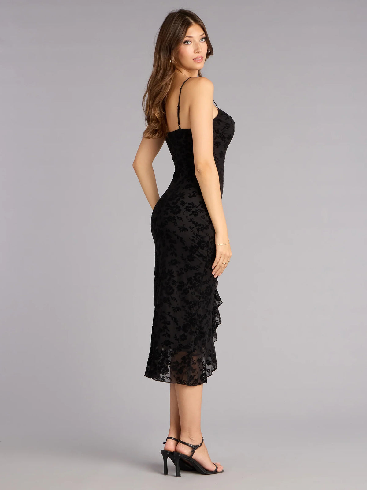 Orange midi formal dress with ruffle details, alternate view