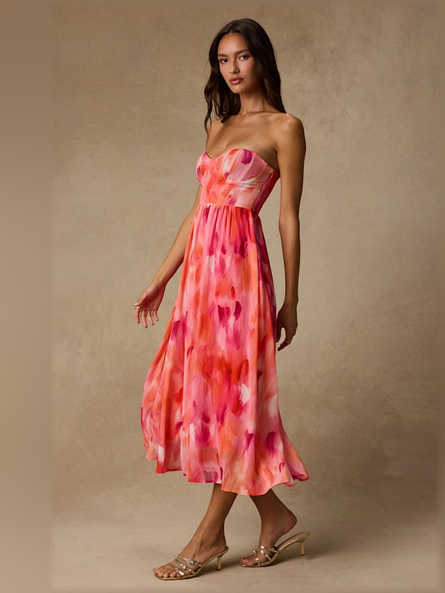 Coral Pink midi formal dress with printed pattern, alternate view