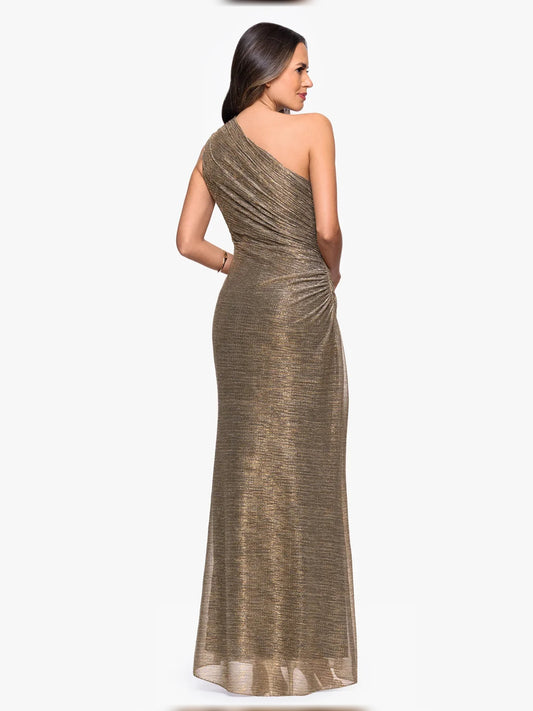 Gold maxi mother of the bride dress, alternate view showing the bodice and skirt