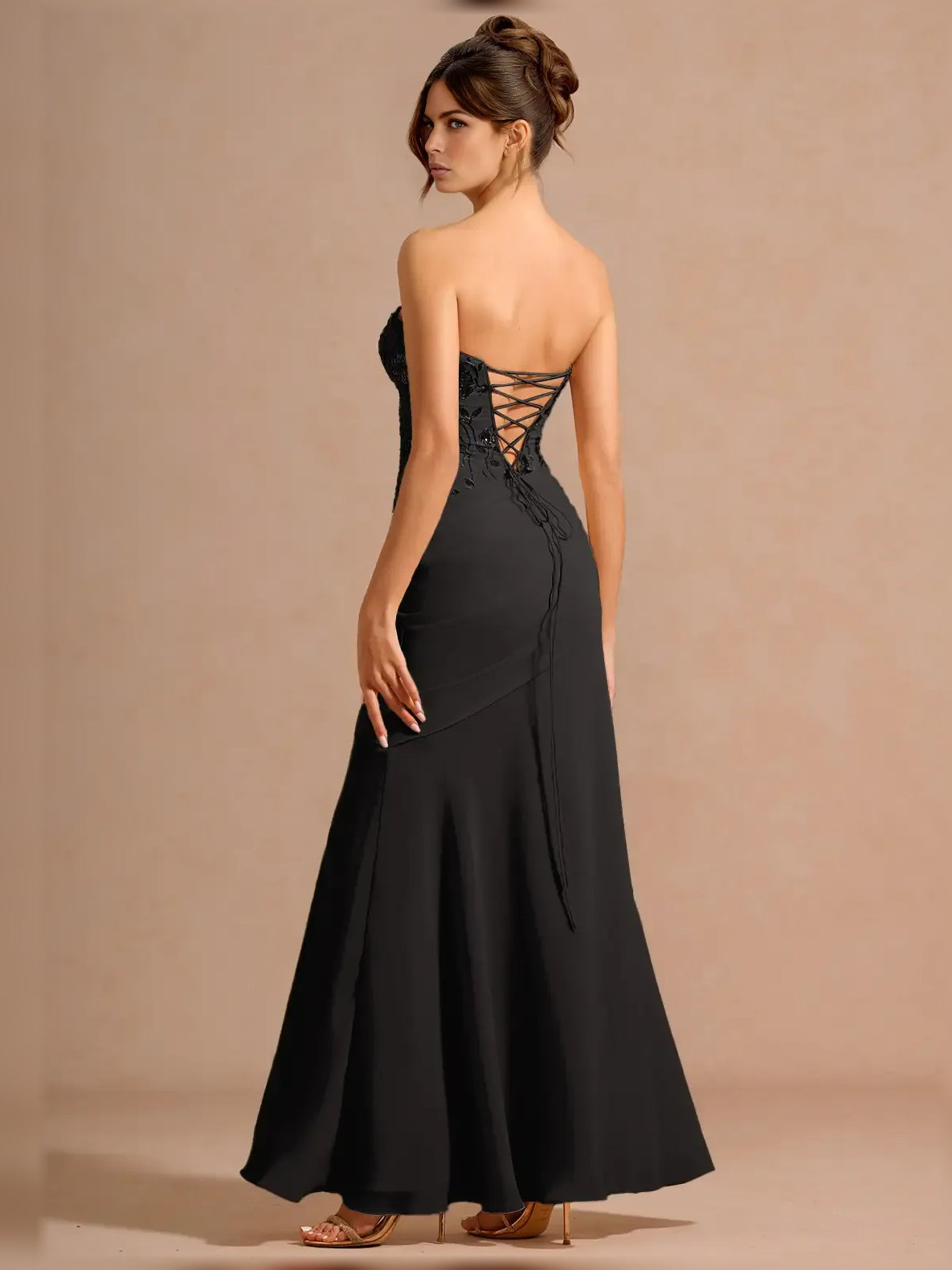 Black sheath midi formal dress with skirt slit, alternate view