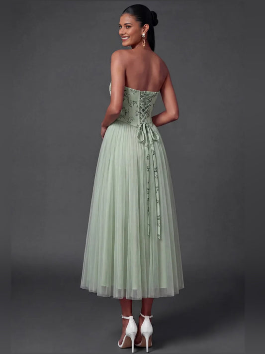 Dusty Sage tea-length bridesmaid dress, alternate view showing the bodice and skirt