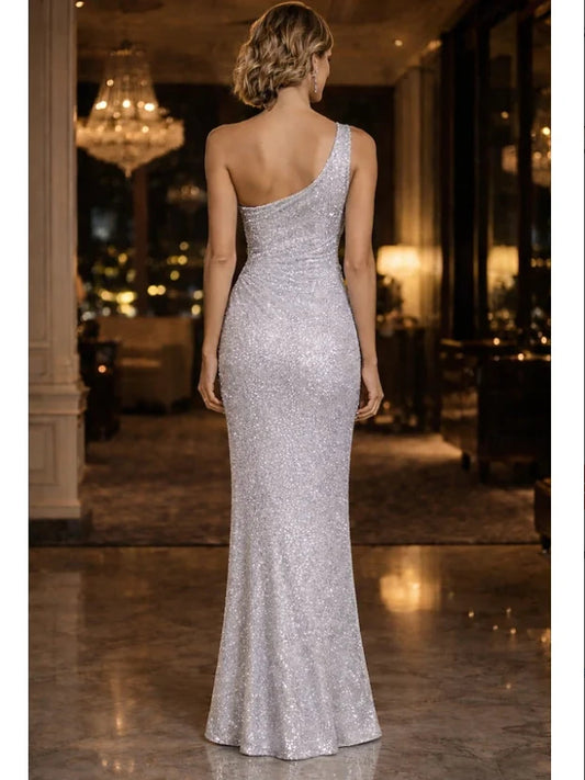 Silver mermaid floor-length formal dress with skirt slit, alternate view