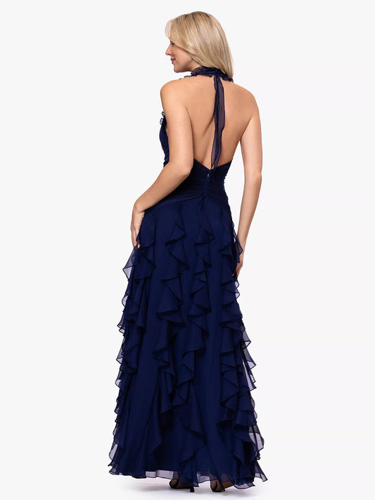 Navy Blue a-line floor-length formal dress with ruffle details, alternate view