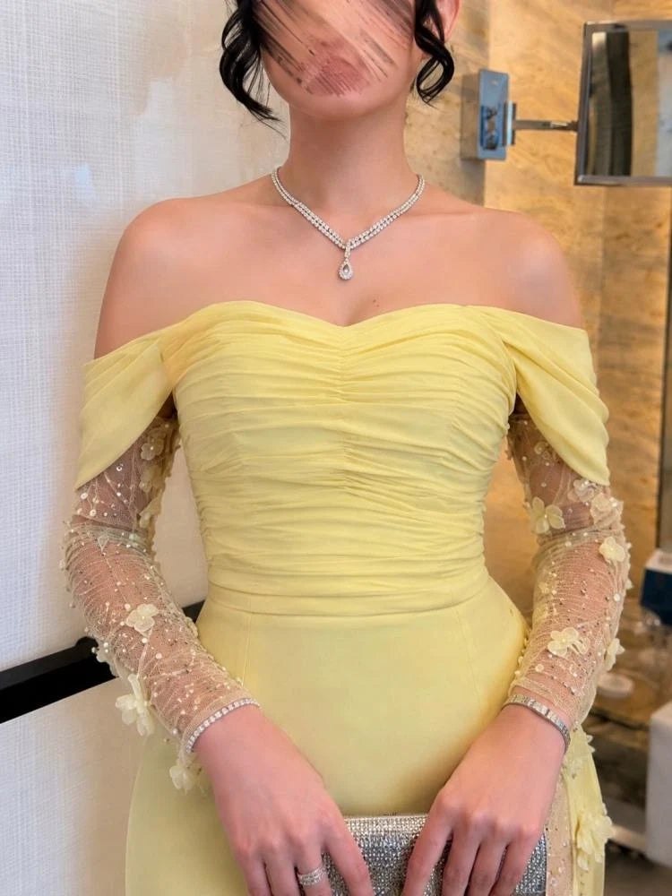 Pale Yellow mermaid floor-length formal dress with ruching, alternate view
