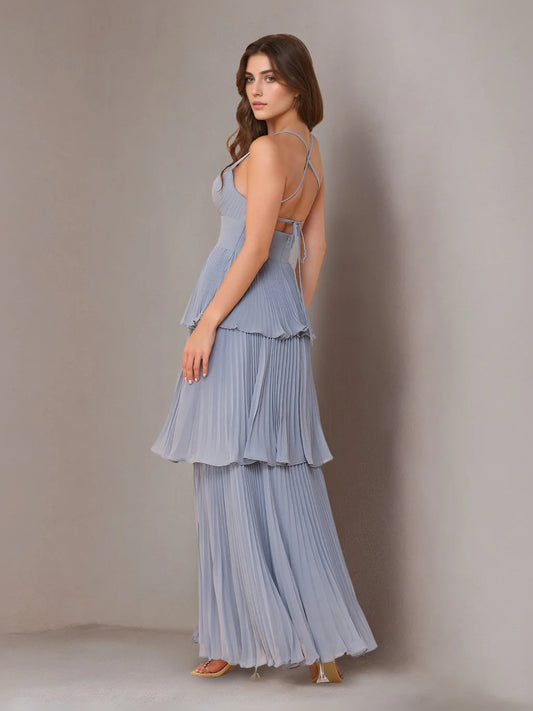 Dusty Blue maxi bridesmaid dress, alternate view showing the bodice and skirt