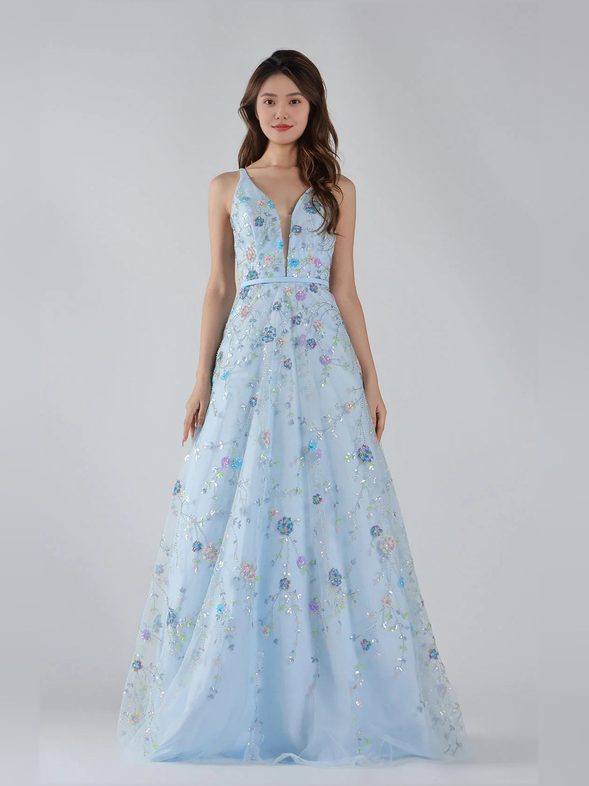 Light Blue floor-length prom dress, alternate view showing the bodice and skirt