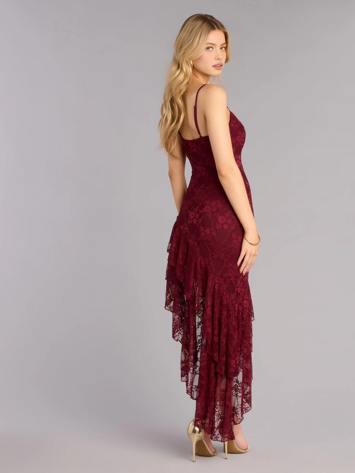 Deep Red maxi homecoming dress, back view showing the rear of the dress