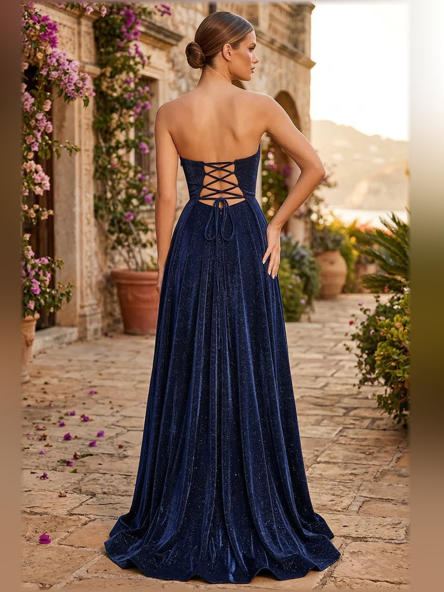 Dark Navy a-line floor-length formal dress with strapless neckline, alternate view