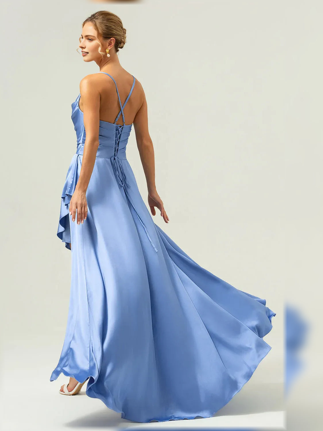 Blue a-line floor-length formal dress with skirt slit, alternate view