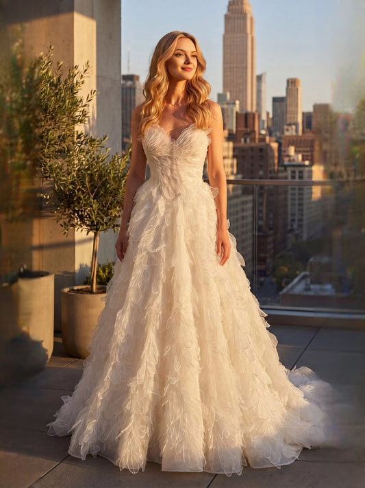 Ivory floor-length wedding dress, alternate view showing the bodice and skirt