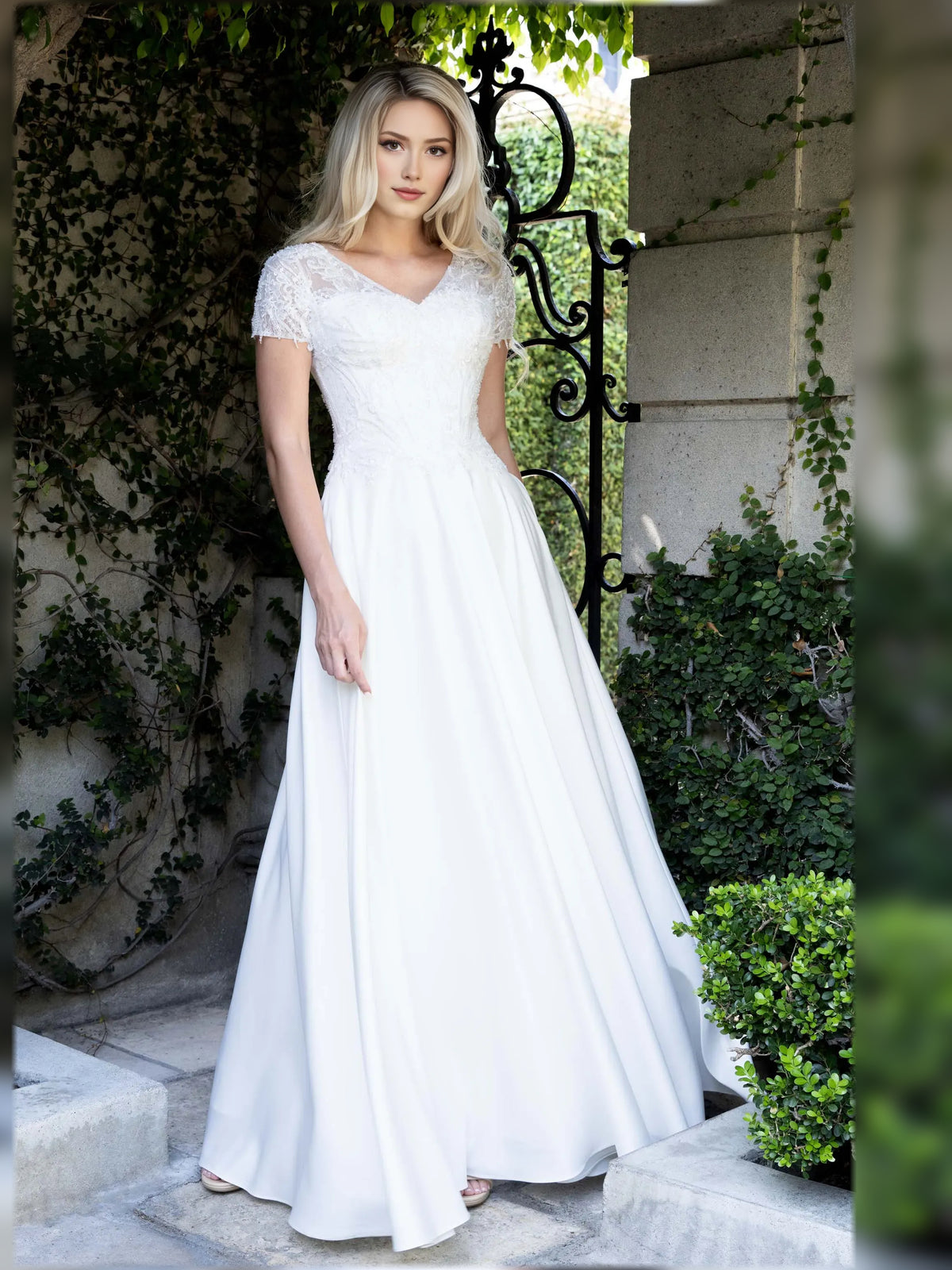 White short mother of the bride dress, alternate view showing the bodice and skirt