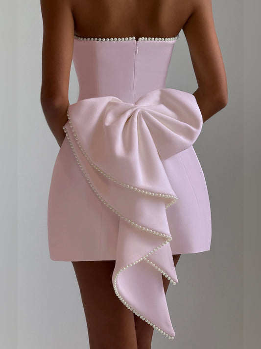 Blush mini homecoming dress, alternate view showing the bodice and skirt