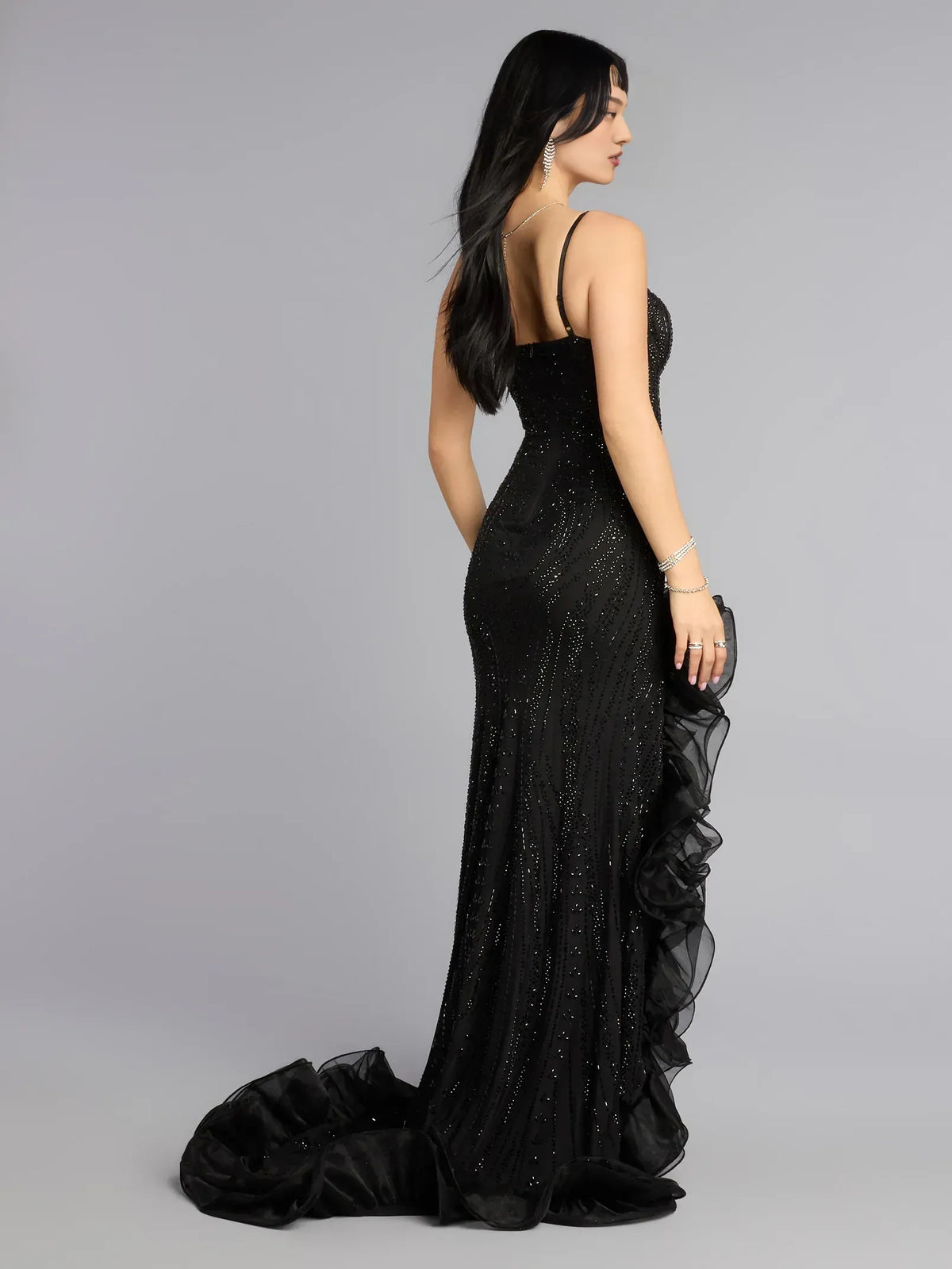 Black mermaid floor-length formal dress with skirt slit, alternate view