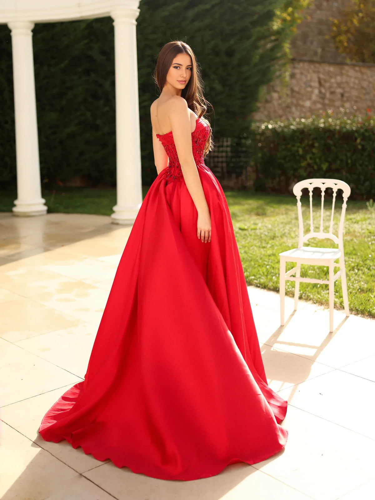 Red floor-length prom dress, alternate view showing the bodice and skirt