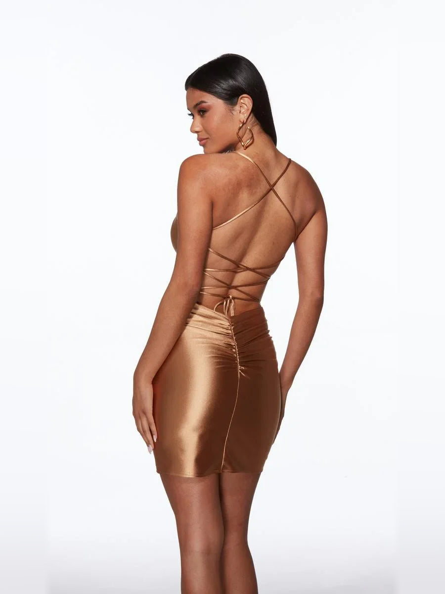 Gold short homecoming dress, back view showing the rear of the dress