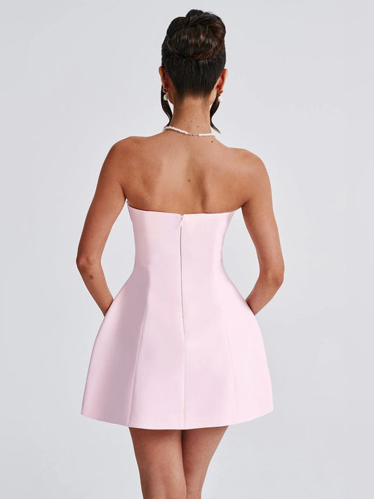 Blush mini homecoming dress, alternate view showing the bodice and skirt