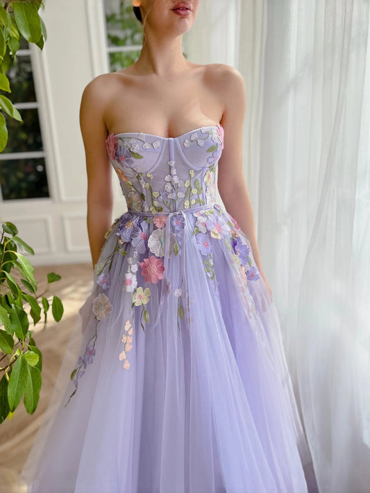 Lavender floor-length prom dress, alternate view showing the bodice and skirt