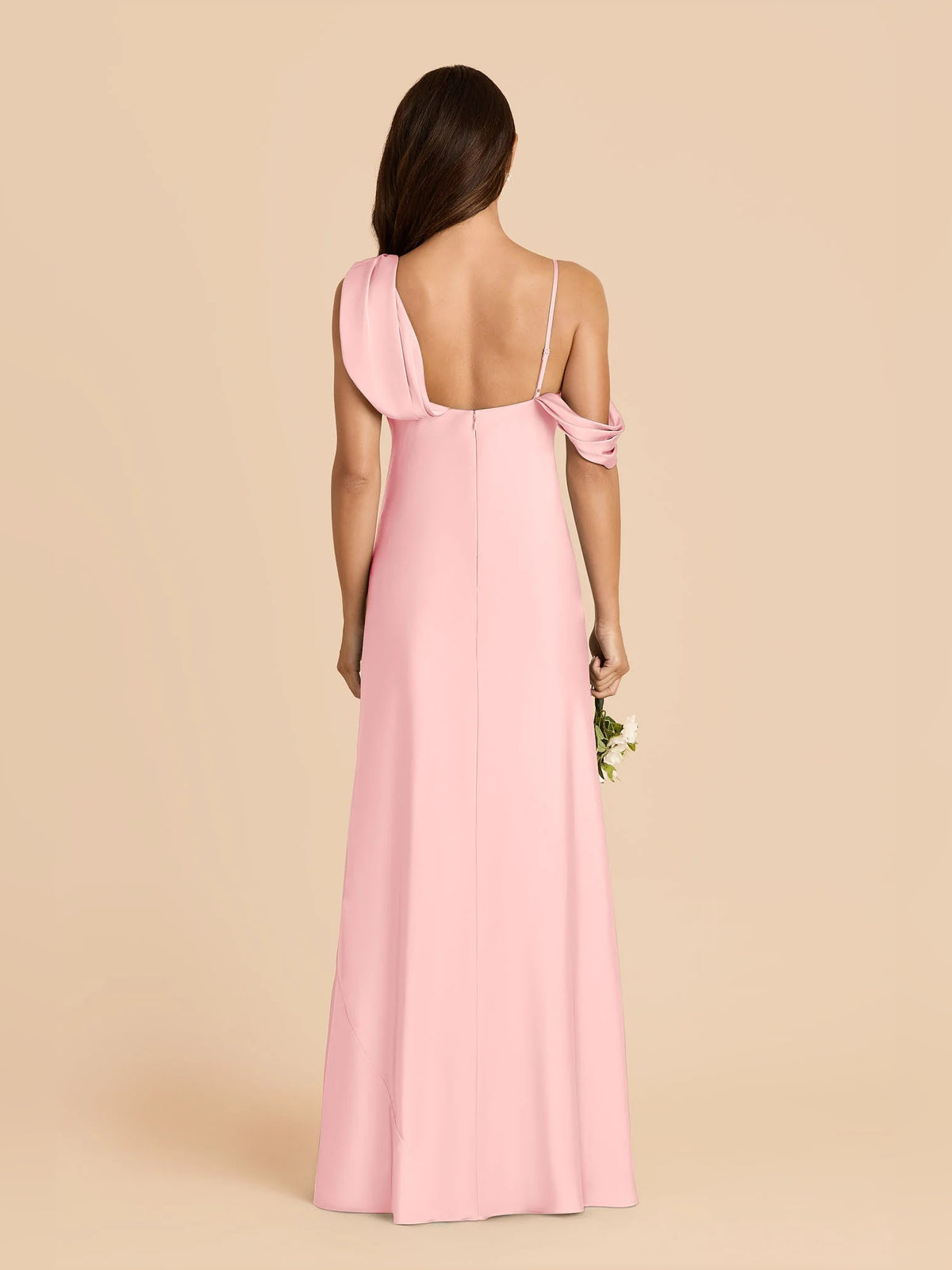 Pink a-line floor-length formal dress with draping, alternate view