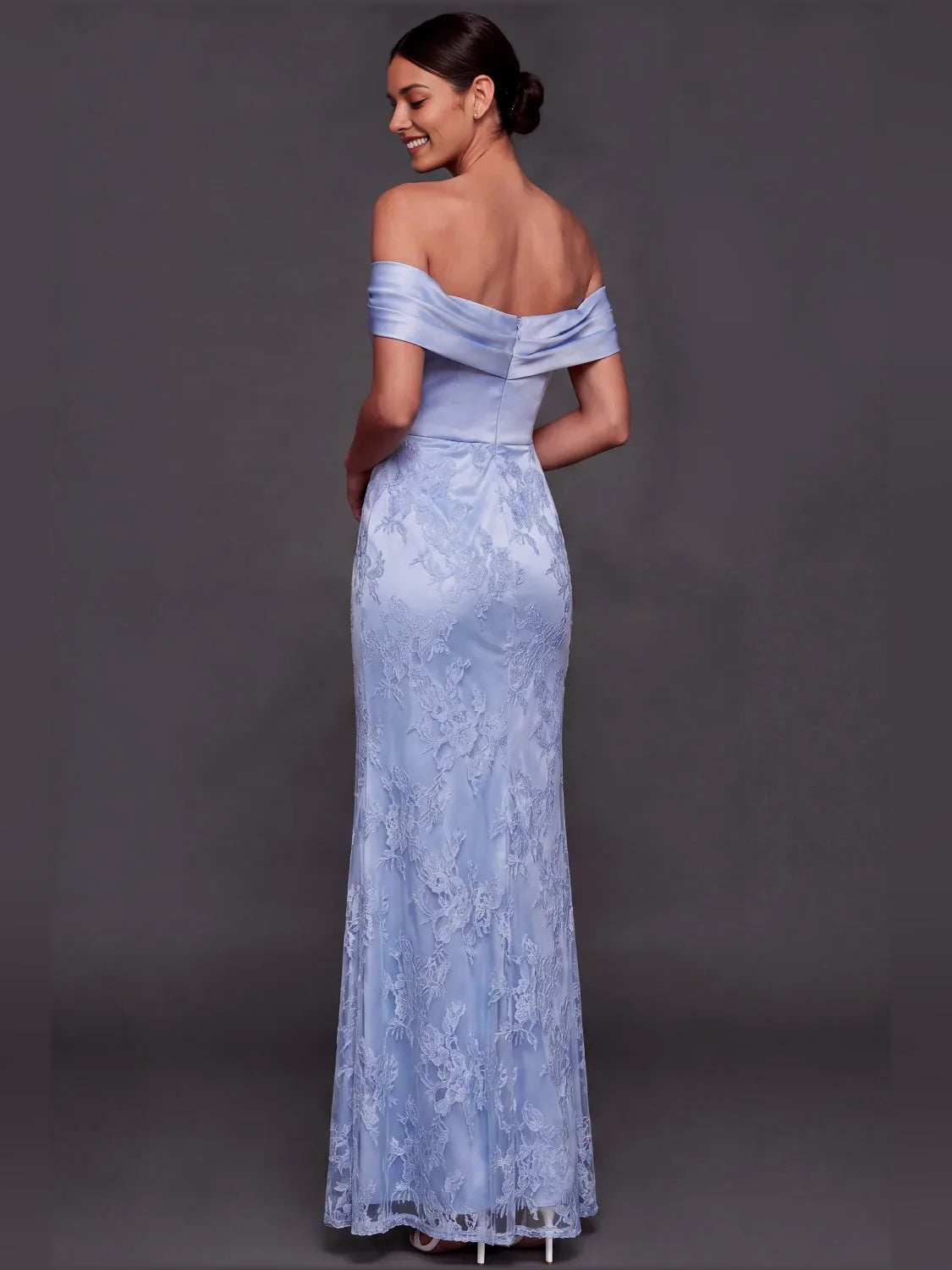 Light Blue maxi bridesmaid dress, alternate view showing the bodice and skirt