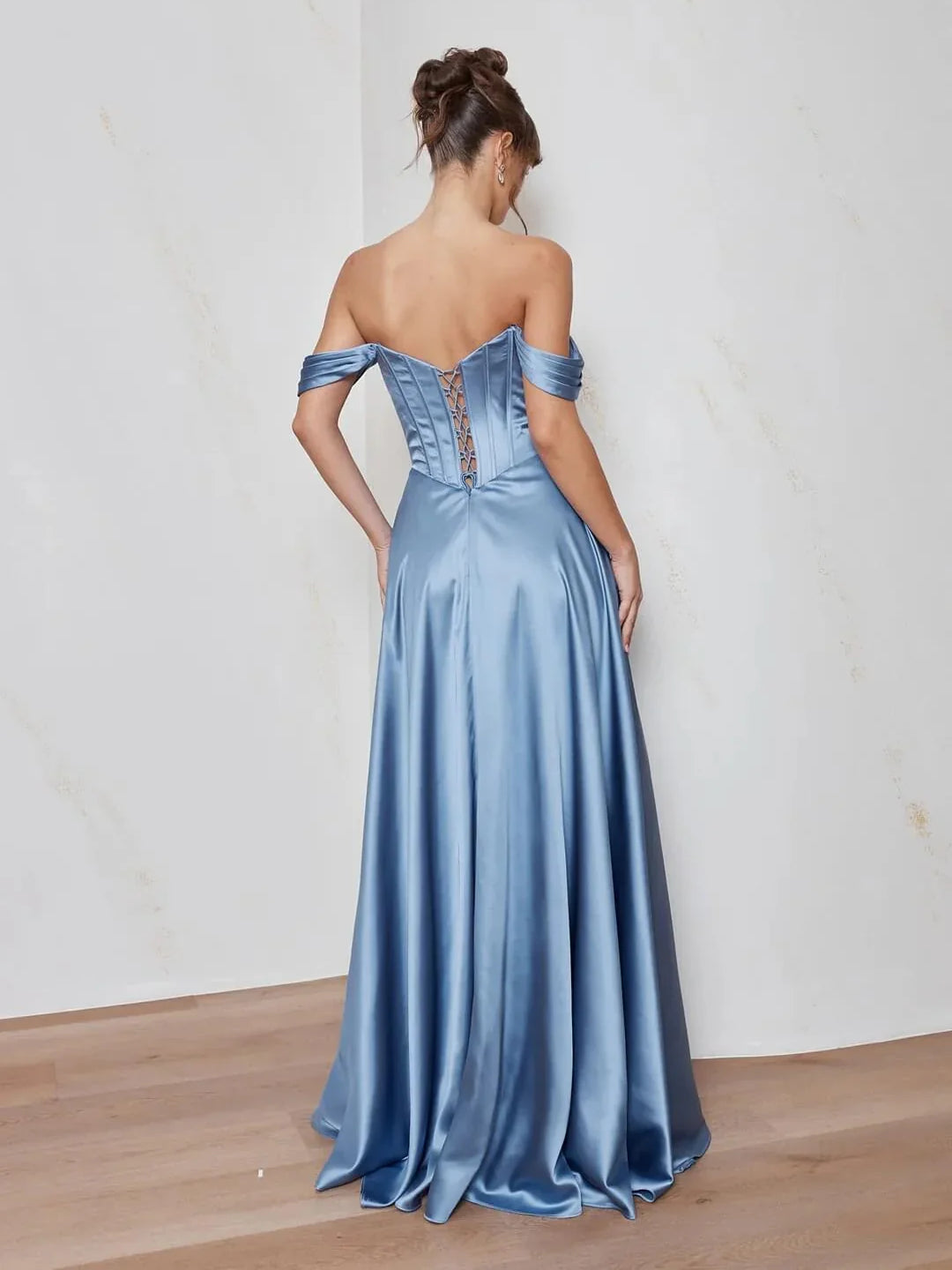 Steel Blue a-line floor-length formal dress with corset-style bodice, alternate view