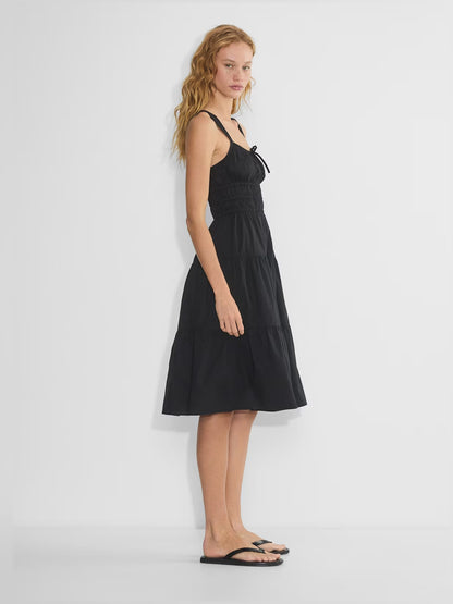Orange midi formal dress with tiered skirt, alternate view