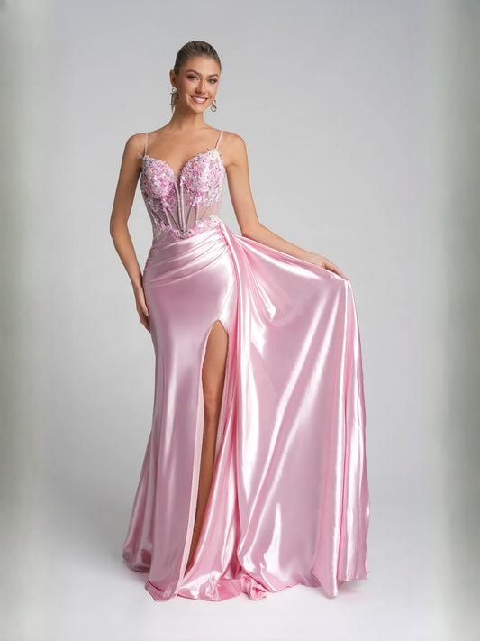 Pink floor-length prom dress, alternate view showing the bodice and skirt