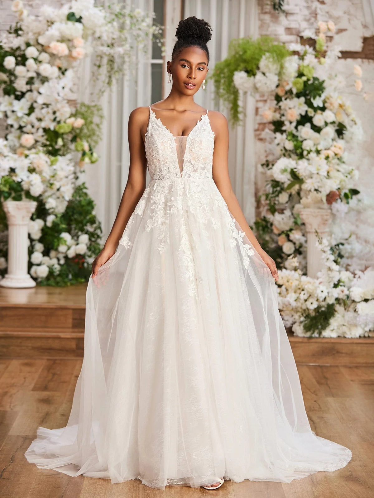 Ivory floor-length wedding dress, alternate view showing the bodice and skirt