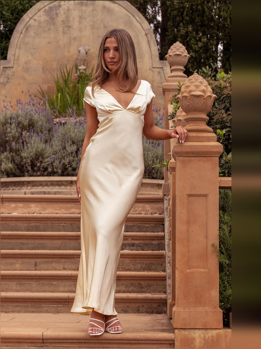 Yellow midi formal dress with V-neckline, alternate view