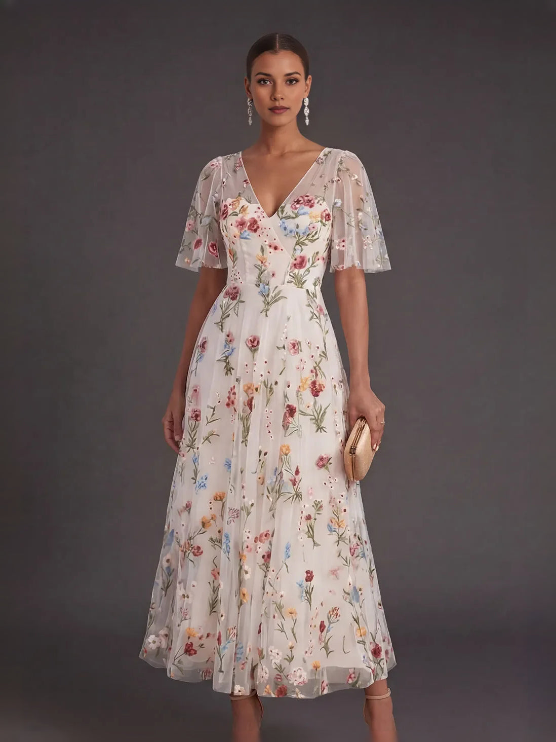 Ivory tea-length prom dress, alternate view showing the bodice and skirt
