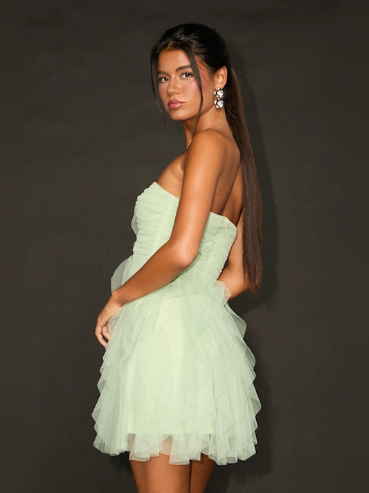 Mint Green mini homecoming dress, alternate view showing the bodice and skirt