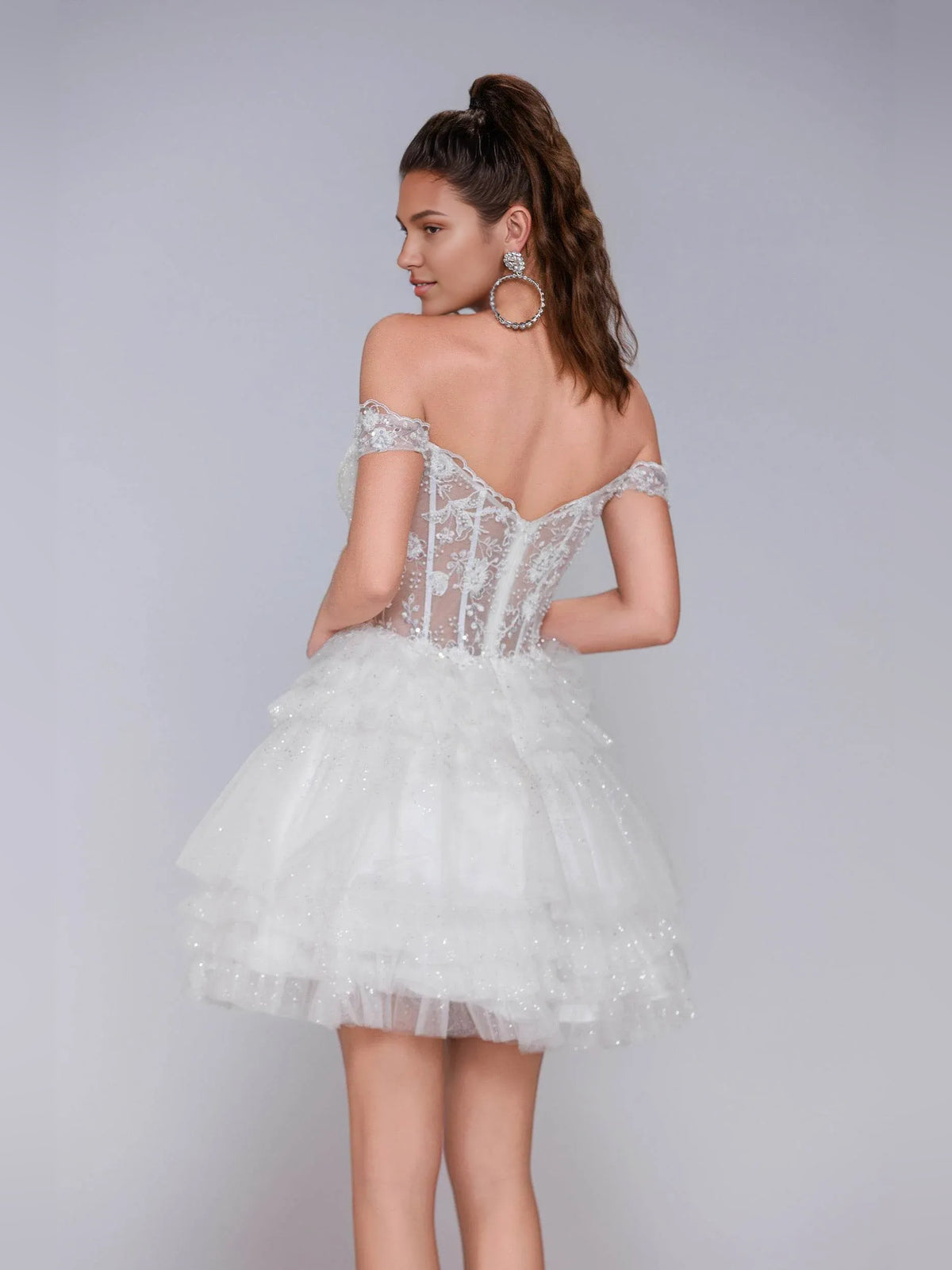 White short homecoming dress, back view showing the rear of the dress