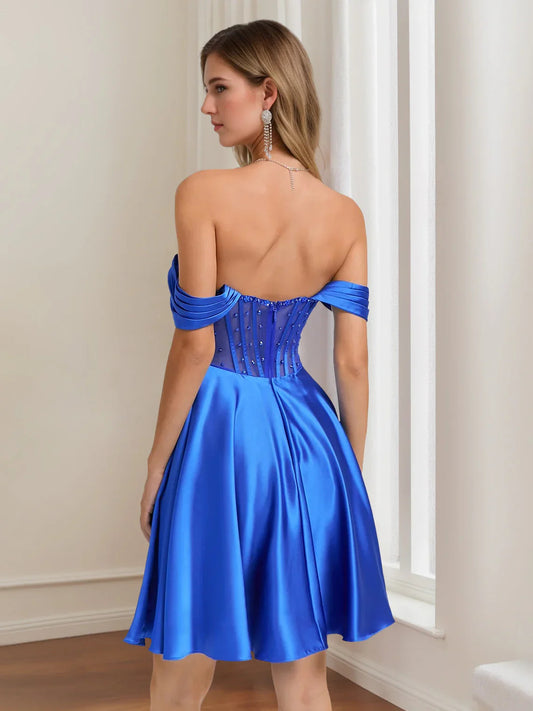 Cobalt Blue knee-length homecoming dress, back view showing the rear of the dress