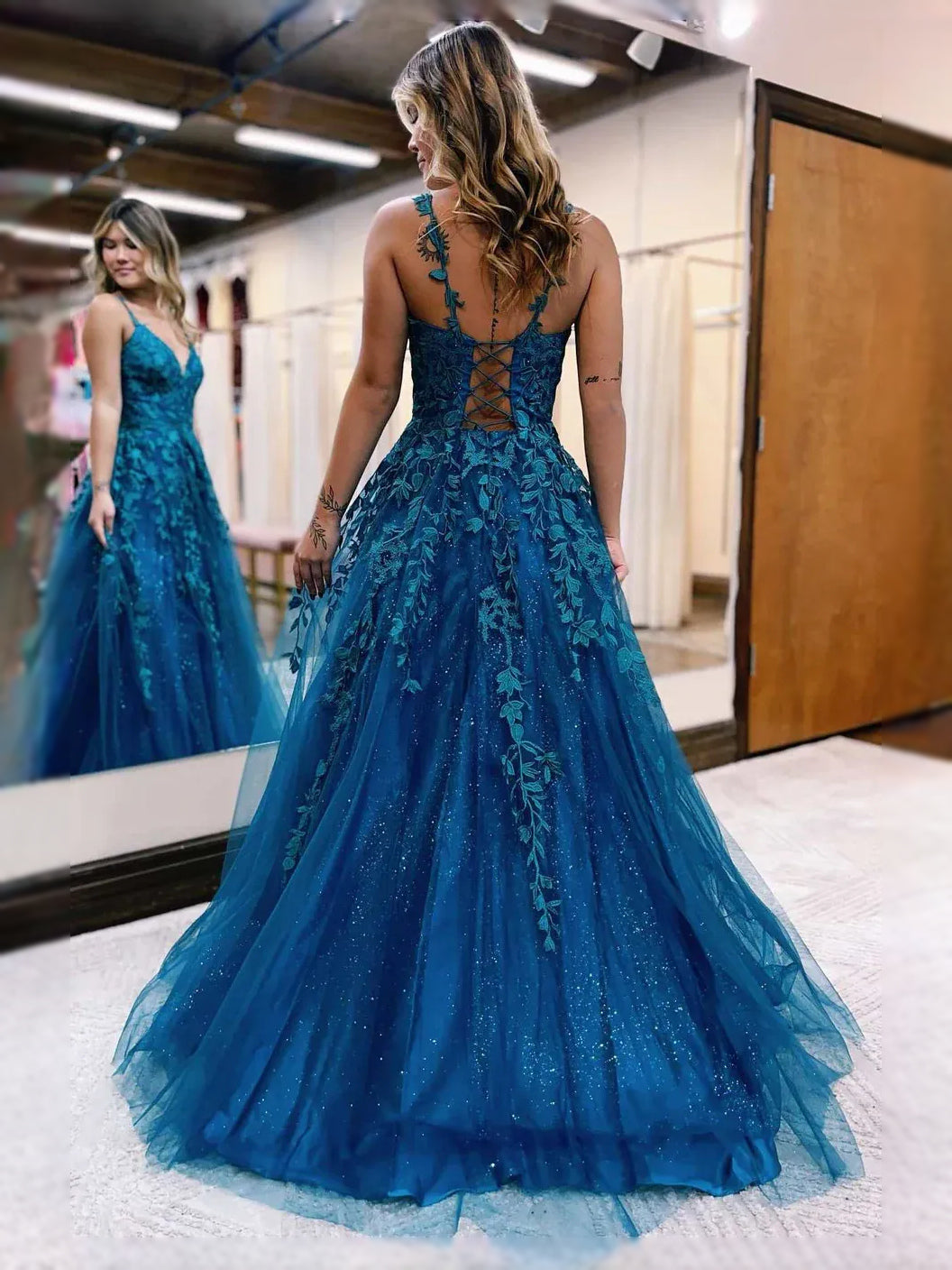 Teal floor-length prom dress, alternate view showing the bodice and skirt