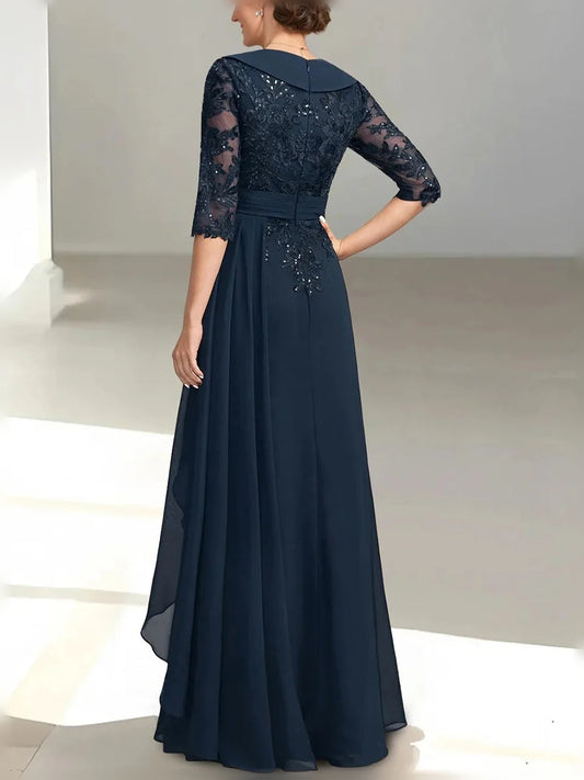 Dark Blue floor-length mother of the bride dress, alternate view showing the bodice and skirt