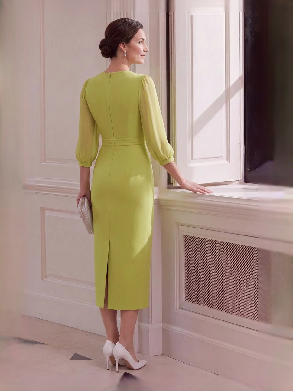 Chartreuse midi mother of the bride dress, alternate view showing the bodice and skirt