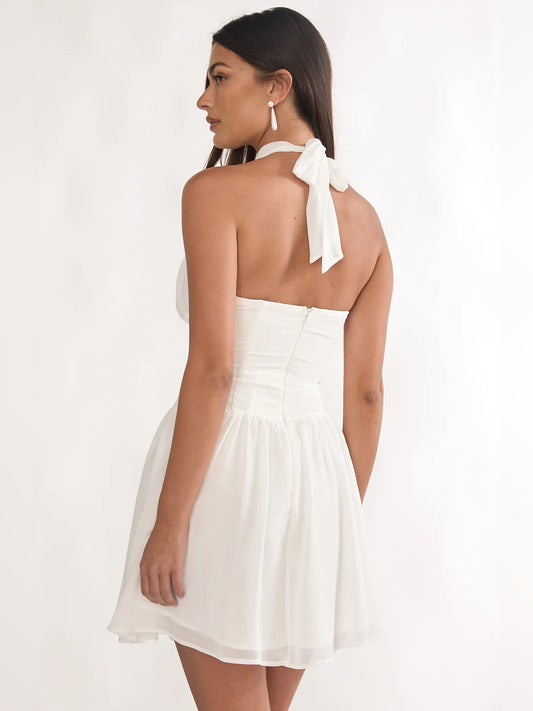 White mini homecoming dress, alternate view showing the bodice and skirt