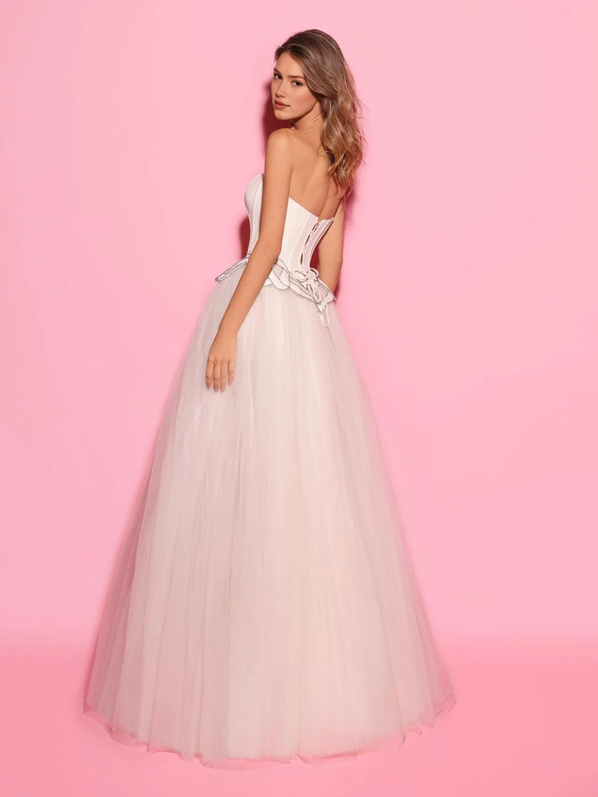 White Corset Layered Floral Sweetheart Ball-Gown Floor-Length Tulle Wedding Dress for Bridal Portraits, back view
